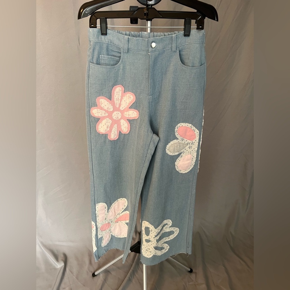 Floral Embroidered Wide Leg Jeans